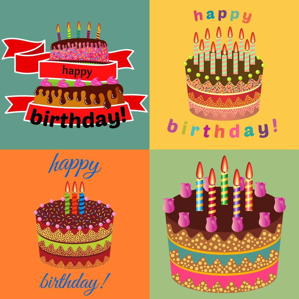 conjunto de quatro doces bolos de aniversário com velas acesas. sobremesa de férias colorida. fundo de celebração do vetor. vetor
