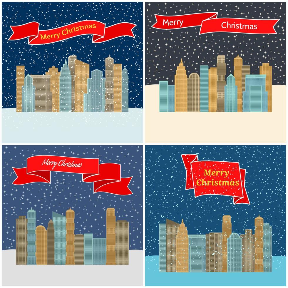 conjunto de quatro ilustração vetorial com cidade noturna com fitas vermelhas com a inscrição feliz natal. vetor