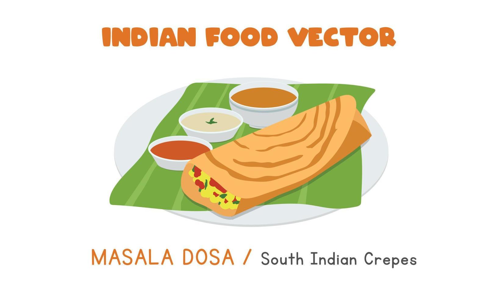 indiano masala dosa - crepes do sul da Índia ilustração em vetor plana isolada no fundo branco. masala dosa clipart estilo cartoon. comida asiática. Cozinha indiana. comida indiana