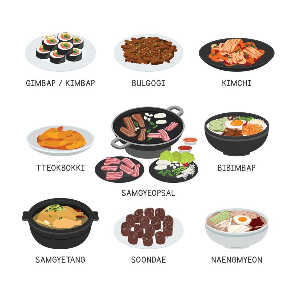 conjunto de vetores de comida coreana. conjunto de pratos famosos na ilustração vetorial plana da coreia, desenhos animados de clipart. kimchi, sundae, tteokbokki, bulgogi, kimbap. comida asiática. cozinha chinesa. design vetorial de alimentos chineses