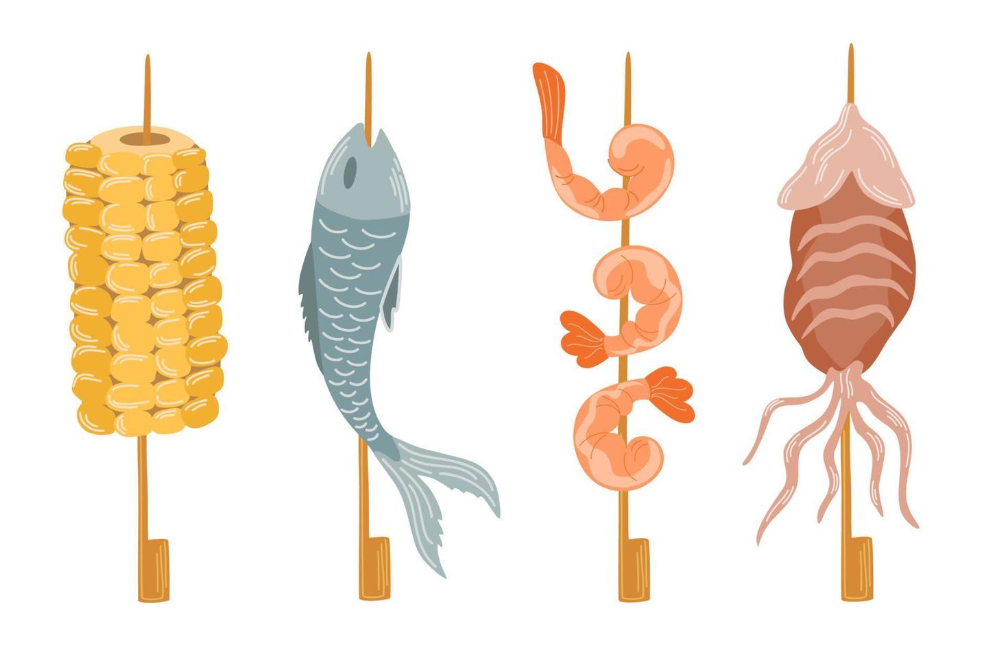 comida no palito. lulas, peixes, camarões e milho. yakitori com diferentes servidores, para fast food asiático e restaurantes take away. comida asiática. vector mão desenhar ilustração dos desenhos animados.