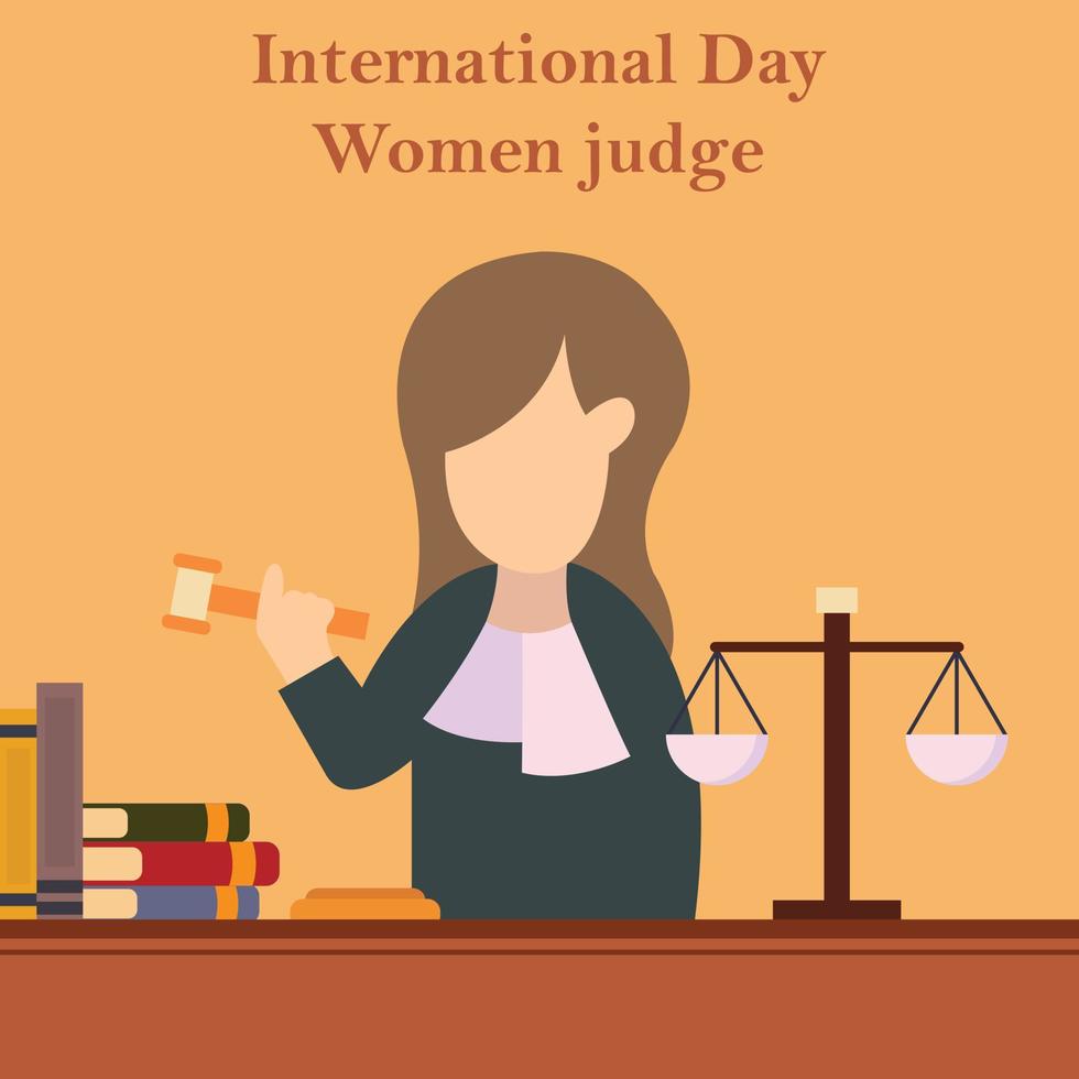 gráfico vetorial de ilustração de um juiz empunhando um martelo, exibindo pilhas de livros e balanças em uma mesa, perfeito para o dia internacional, mulheres juízas, comemorações, cartão de felicitações, etc. vetor