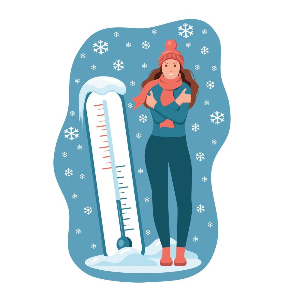 uma mulher congelou no inverno com uma temperatura fria. termômetro meteorológico. vetor
