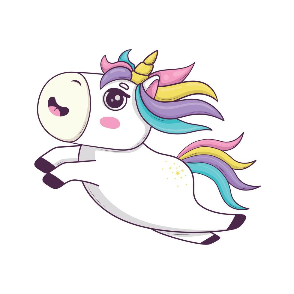 lindo unicórnio kawaii com crina de arco-íris e chifre estilo anime pular e voar vetor