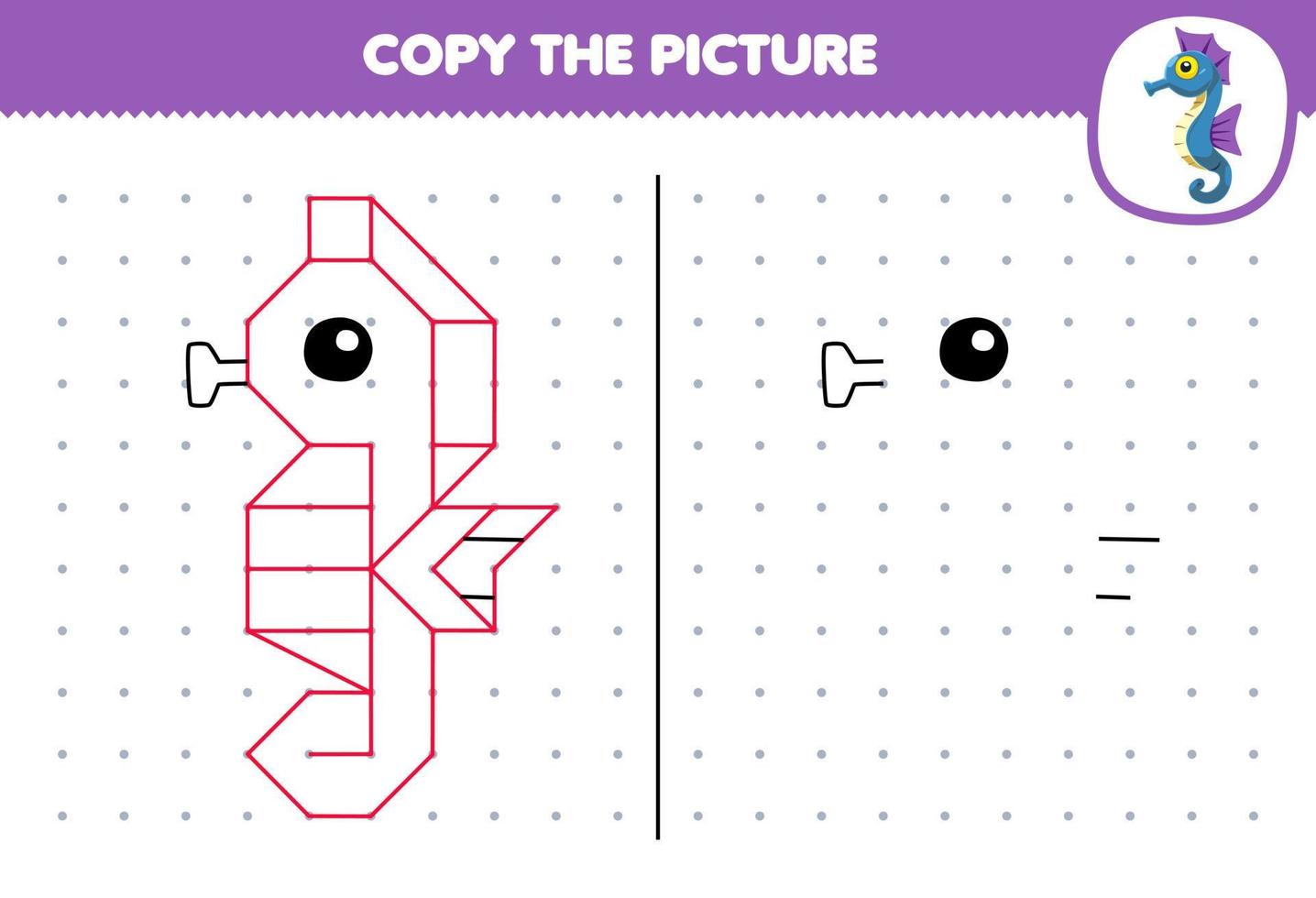 jogo de educação para crianças copiar imagem de cavalo-marinho de desenho animado conectando a planilha subaquática imprimível de ponto vetor