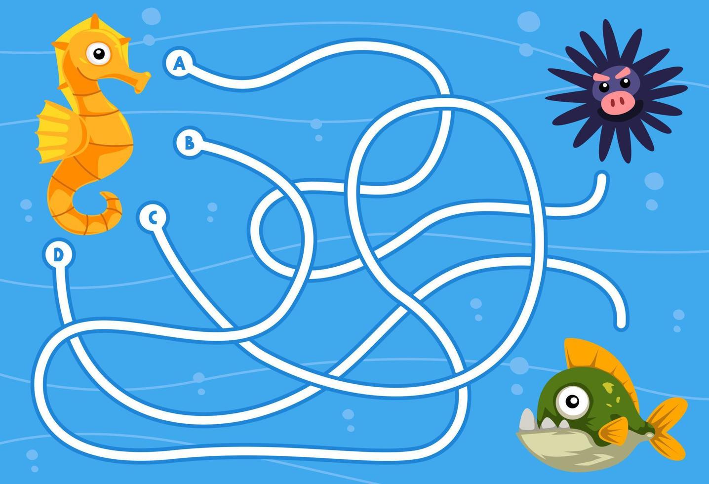 jogo de quebra-cabeça de labirinto para crianças com ouriço-do-mar bonito dos desenhos animados e planilha subaquática para impressão de piranha vetor