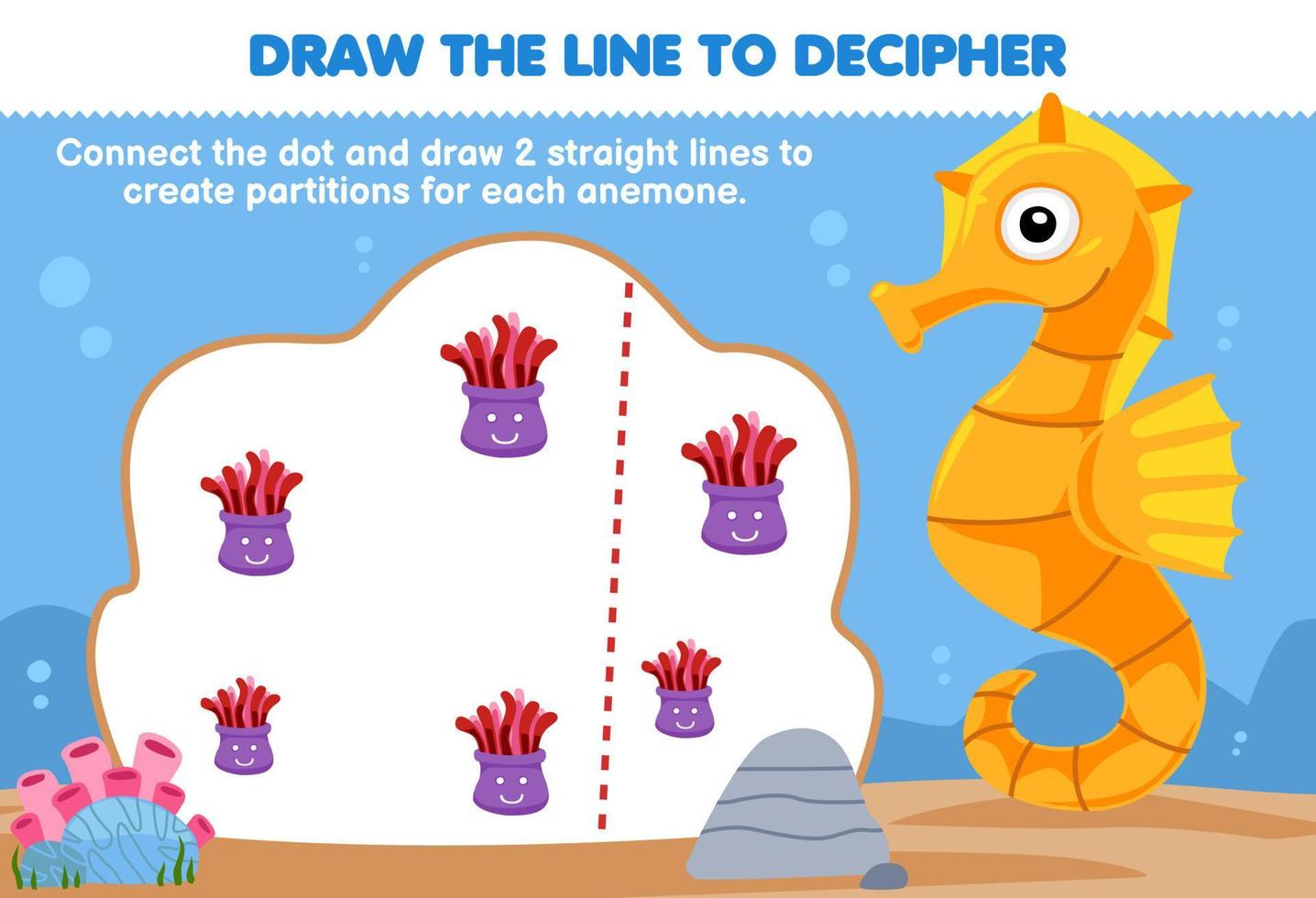 jogo educativo para crianças ajuda o cavalo-marinho a traçar as linhas para separar cada planilha subaquática imprimível de anêmona vetor