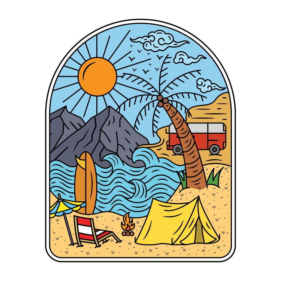 arte de linha de férias colorir paisagens de ícone de linha de natureza com montanhas, campos e rio, ilustração vetorial gráfica férias de verão férias vetor