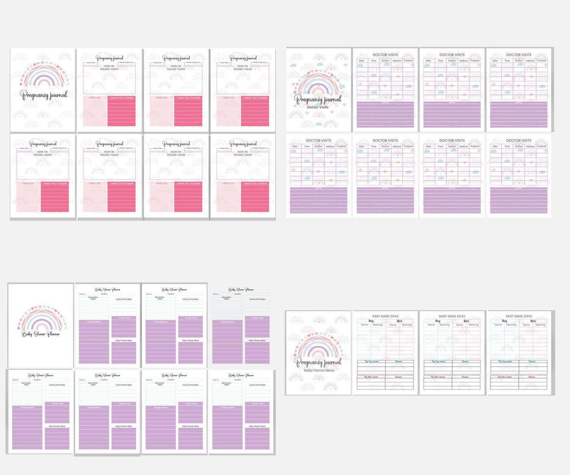 pacote diário de gravidez. visitas médicas. idéias de nomes de bebês. planejador de chá de bebê. vetor