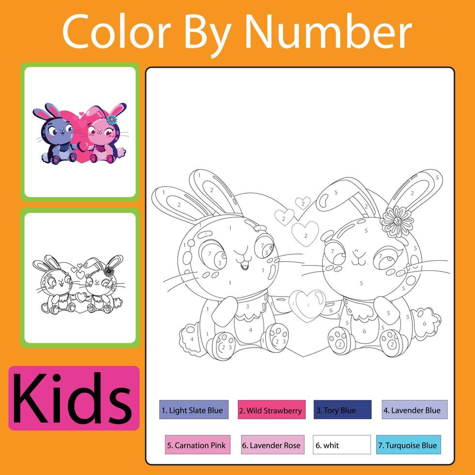 imprima o livro de colorir bonito do coelho dos desenhos animados do dia dos namorados para crianças. colorir por números é um jogo educacional para crianças, desenhando uma página de atividades infantis. página para colorir ilustração vetorial de casal de coelhos grátis vetor
