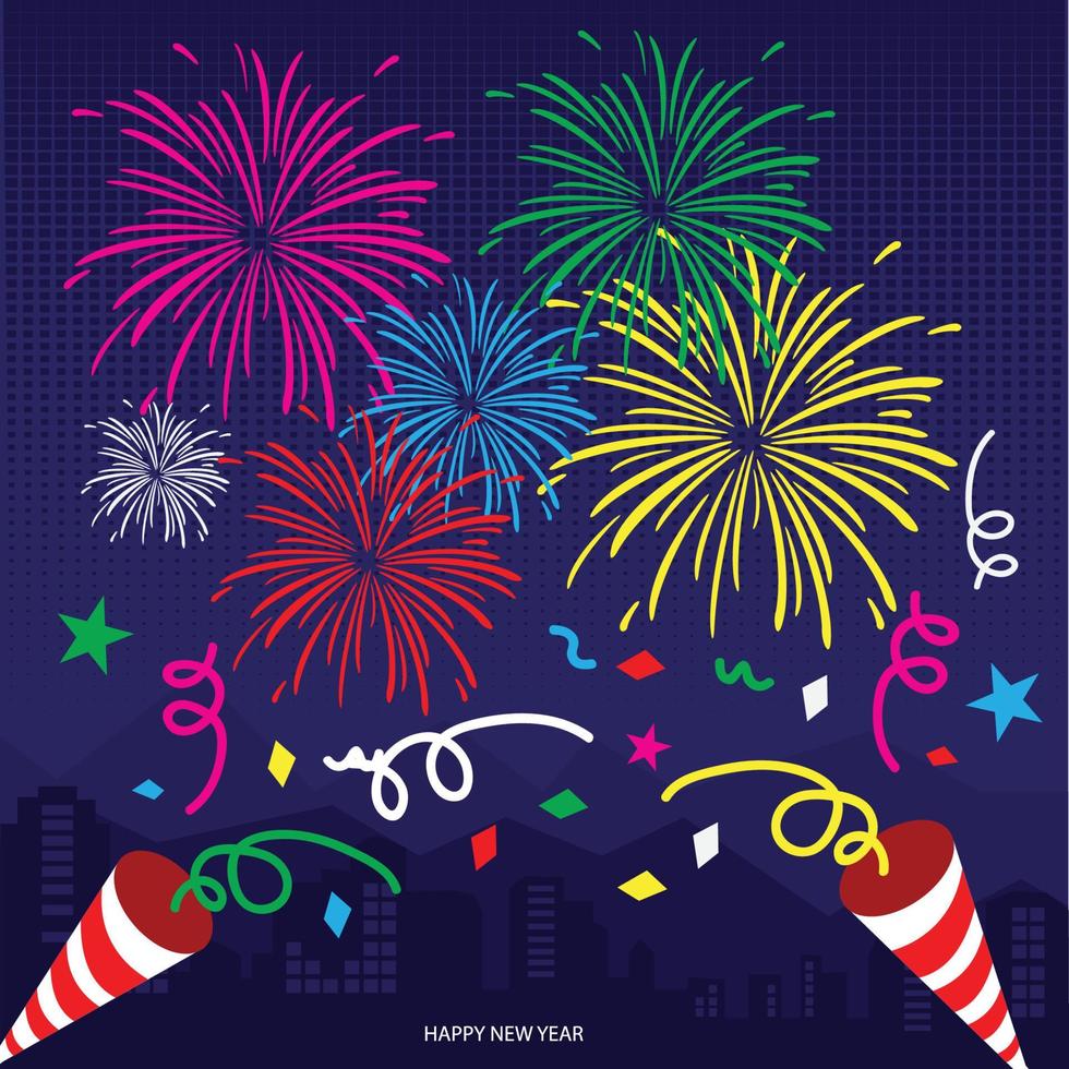 feliz ano novo, aniversário, celebração, fundo realista de animação de fogos de artifício do dia da independência com parabéns e ilustração vetorial isolada de símbolos de festival vetor