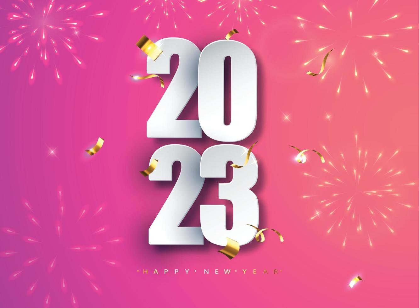 2023 feliz ano novo. números elegantes contra o fundo de fogos de artifício bruxuleantes. cartão de felicitações, banner, cartaz. ilustração vetorial. vetor