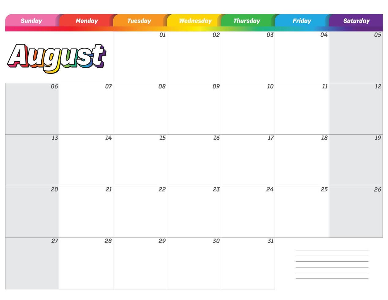 agosto de 2023 calendário de planejador mensal colorido arco-íris simples vetor