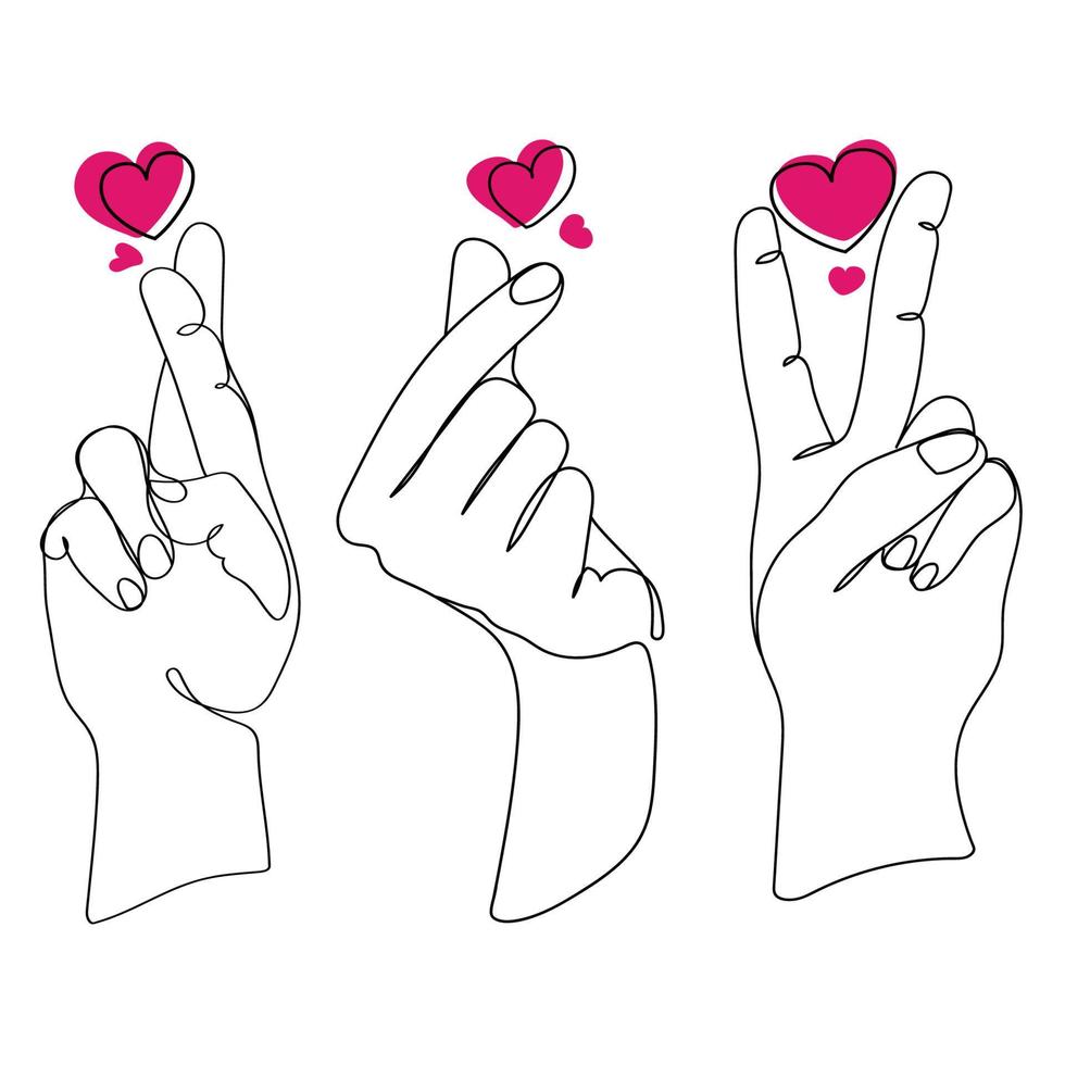 gestos de mão em poses diferentes com conjunto de corações, símbolo de amor de dedo modelo de design de forro para ícone, logotipo, impressão, elementos de design romântico ilustração vetorial gestos de mão feminina desenho de arte de linha vetor