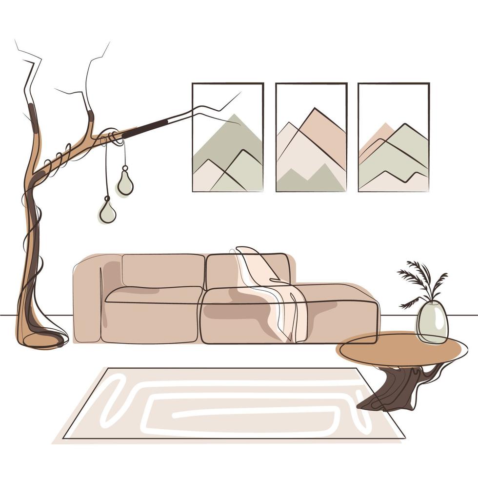 design interior minimalista moderno da sala de estar com sofá pinturas abstratas, luminária de chão em forma de madeira, mesa de centro desenho vetorial interior japandi ou scandi, cores orgânicas e materiais naturais vetor