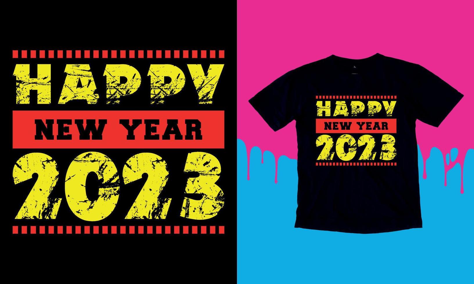 feliz ano novo 2023, feliz ano novo design de camiseta, ilustração vetorial de letras isolada em fundo preto, cotas de adesivos de ano novo, bolsa, copos, cartão, presente. vetor