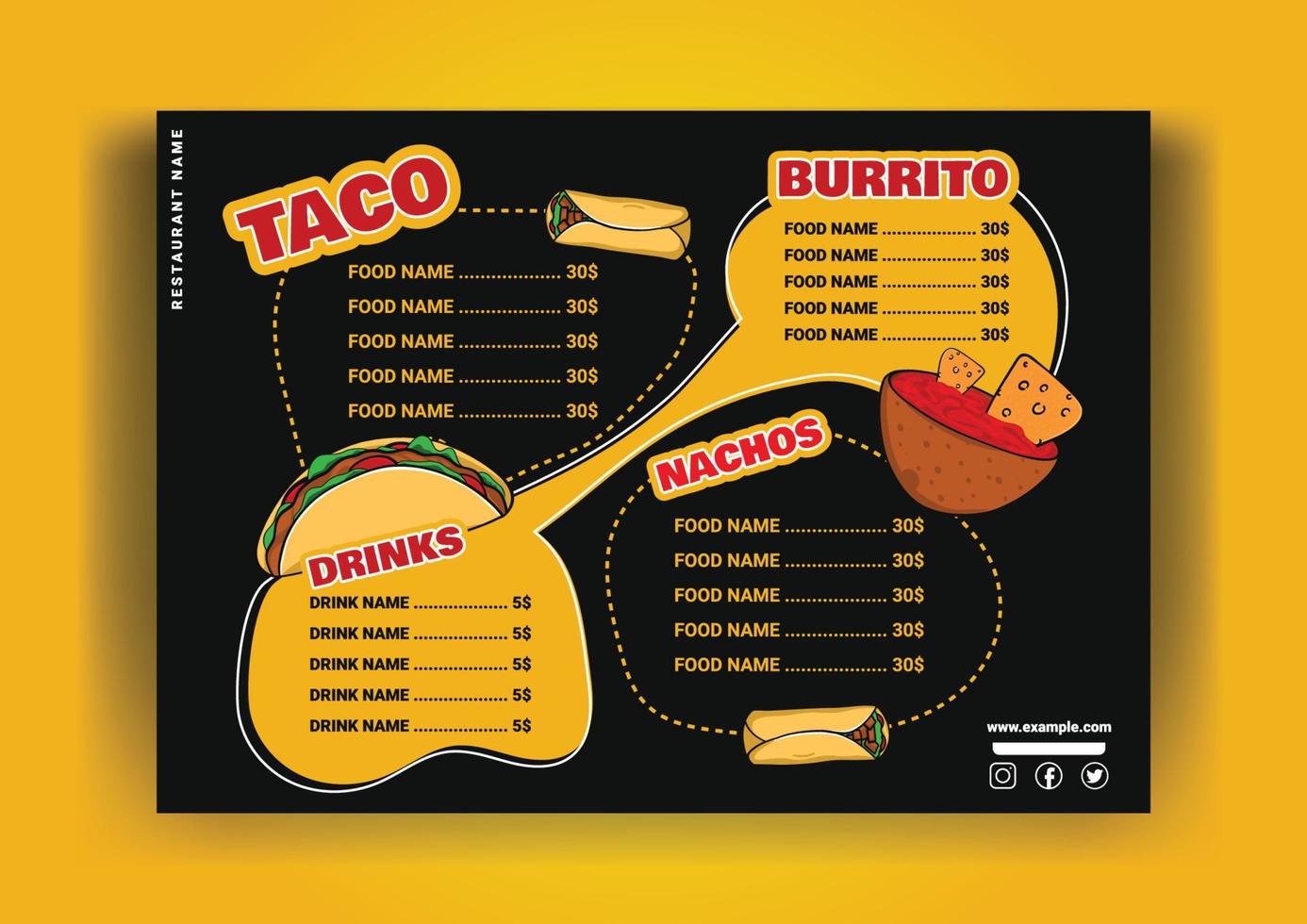 modelo de cartão de menu de comida mexicana de comida latino-americana vetor