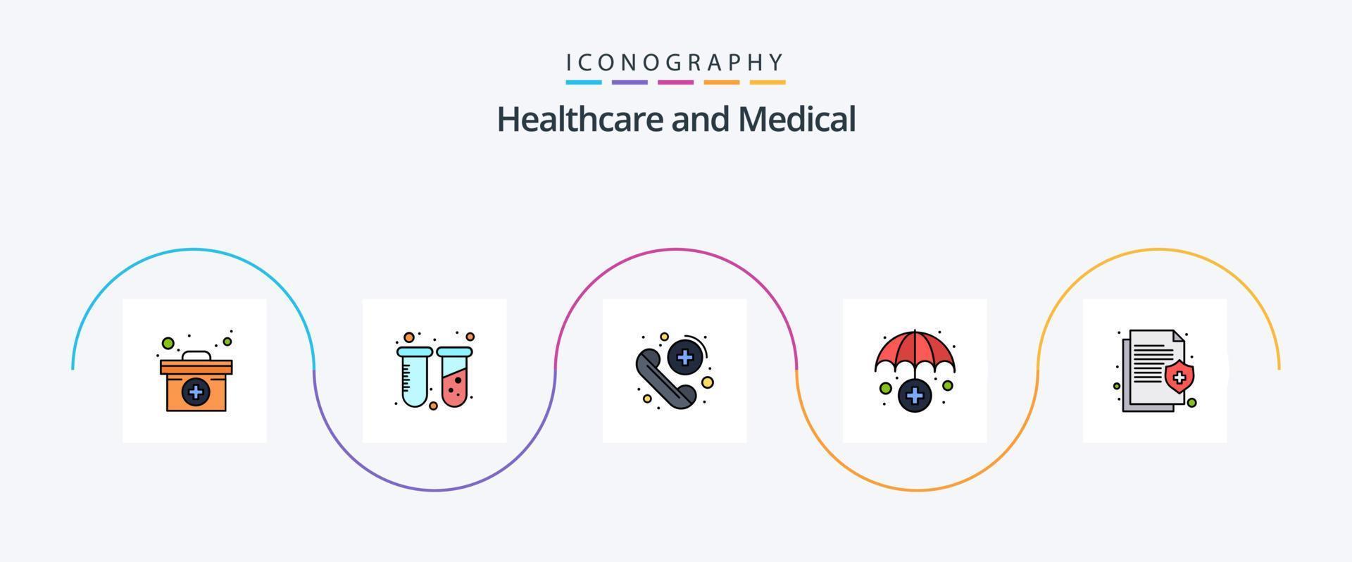 linha médica cheia de pacote de 5 ícones planos, incluindo seguro. saúde. ligar. médico. seguro vetor