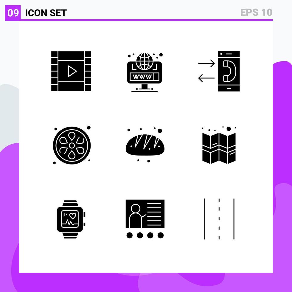 conjunto de pictogramas de 9 glifos sólidos simples de comunicação de padaria de pão lótus limão elementos de design de vetores editáveis