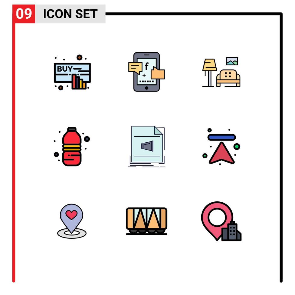 grupo de 9 cores planas de linhas preenchidas modernas definidas para elementos de design de vetores editáveis de garrafa de água de volume de bebida de arquivo