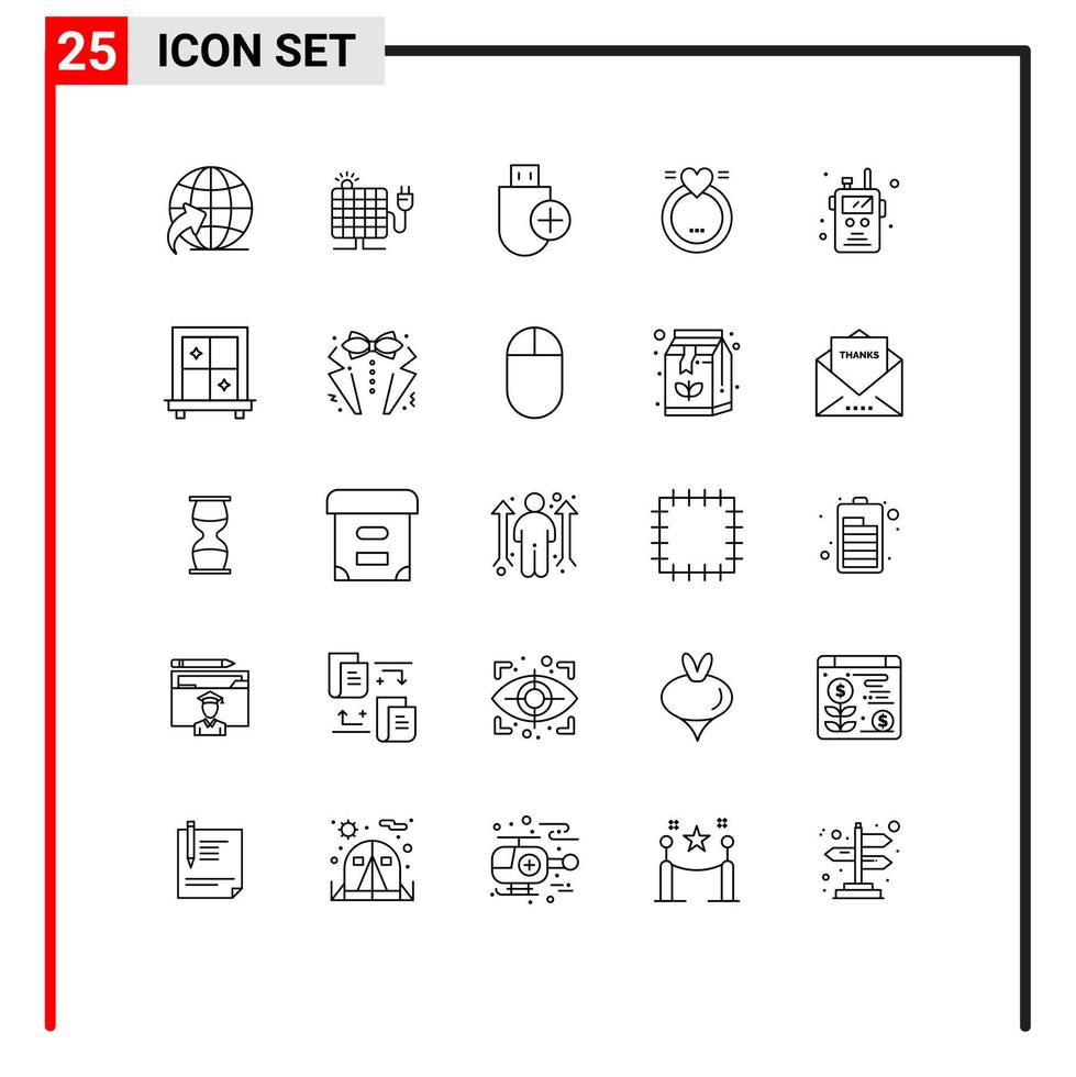 conjunto de pictogramas de 25 linhas simples de transceptor de rádio, computadores de casamento adoram elementos de design de vetores editáveis de anel