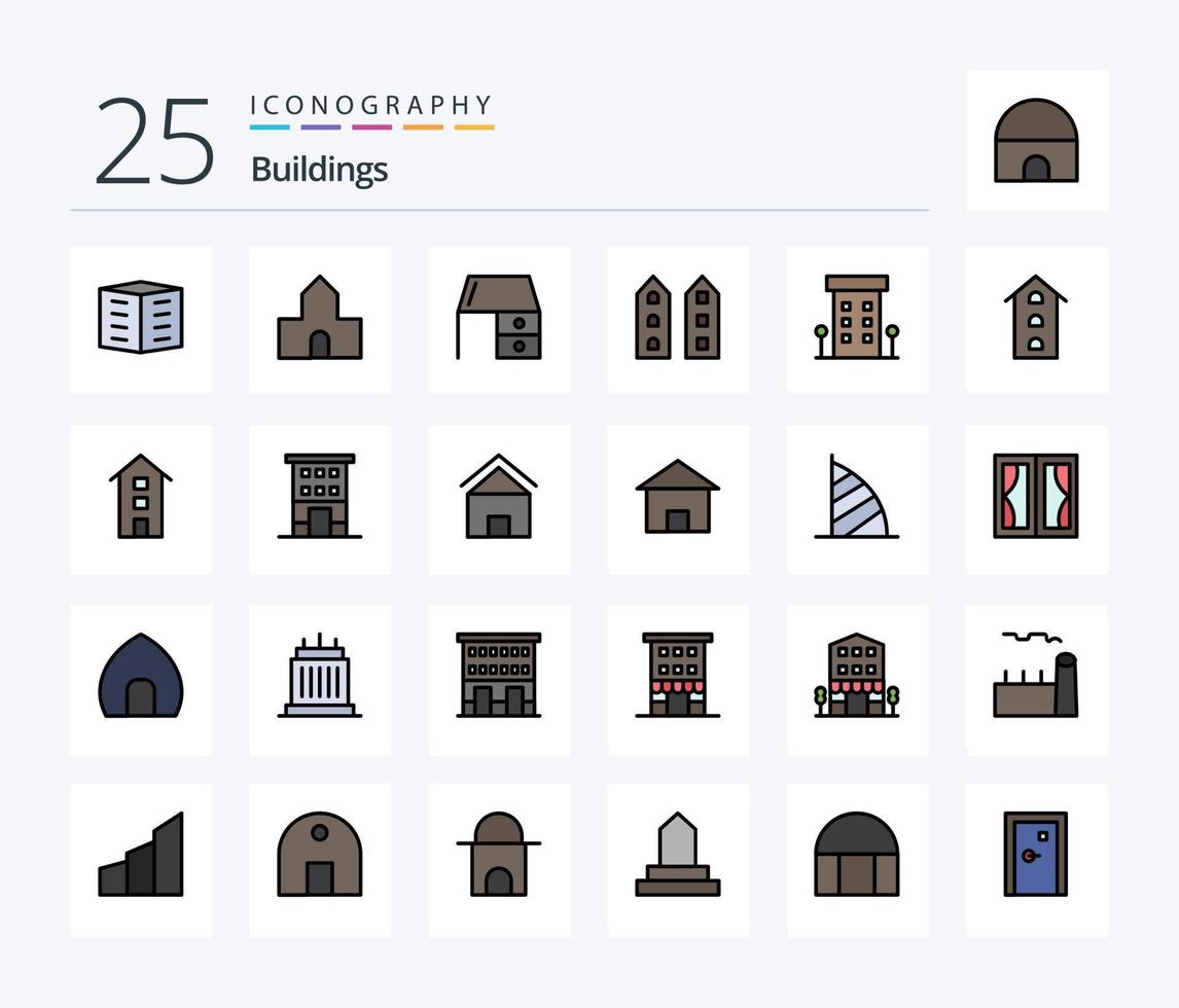 Pacote de ícones cheios de 25 linhas de edifícios, incluindo lojas. lar. edifício cristão. edifícios. mesa de trabalho vetor