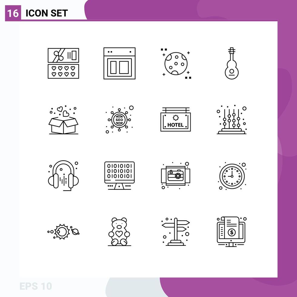 conjunto de 16 símbolos de símbolos de ícones de interface do usuário modernos para amor violino astronomia instrumento de som editável vetor elementos de design