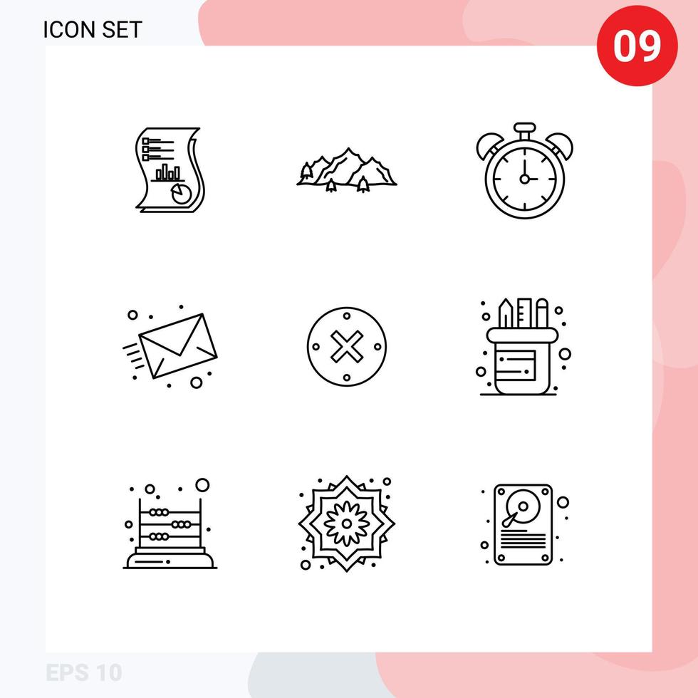 conjunto moderno de 9 contornos e símbolos, como elementos de design de vetores editáveis de alarme de paisagem de correio