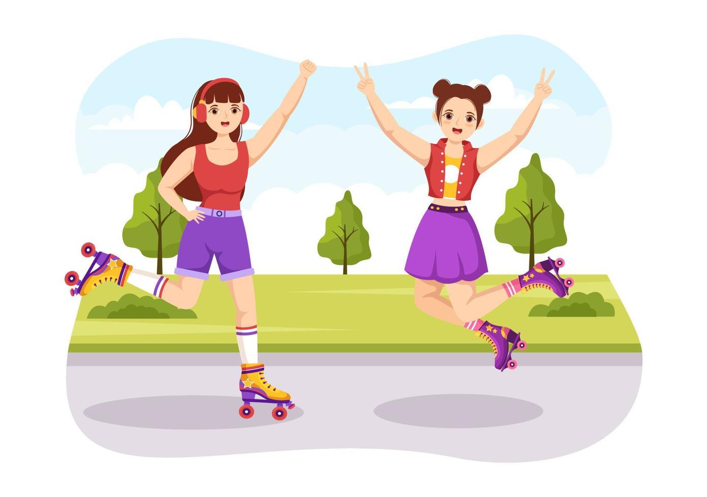 pessoas andando de patins no parque da cidade para atividades ao ar livre, recreação esportiva ou recreação de fim de semana em ilustração de modelo desenhado à mão plana dos desenhos animados vetor