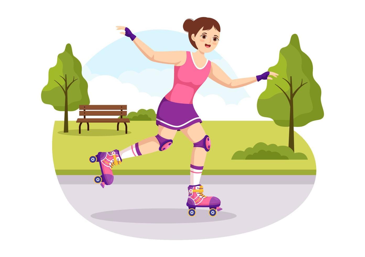 pessoas andando de patins no parque da cidade para atividades ao ar livre, recreação esportiva ou recreação de fim de semana em ilustração de modelo desenhado à mão plana dos desenhos animados vetor