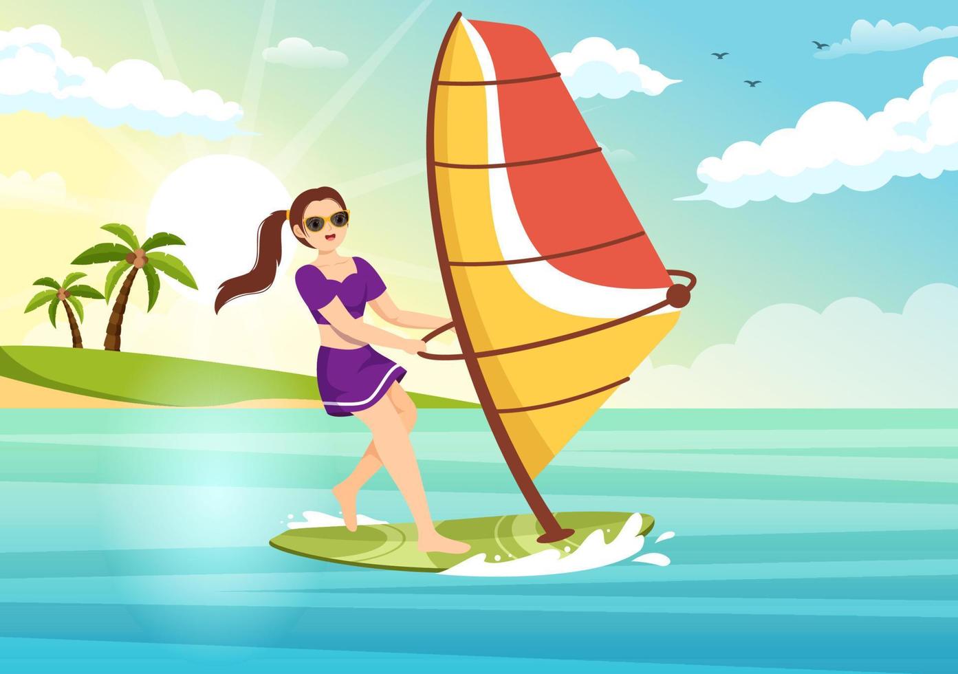 windsurf com a pessoa de pé no barco à vela e segurando a vela na ilustração de modelos desenhados à mão de desenhos animados planos de esportes aquáticos extremos vetor