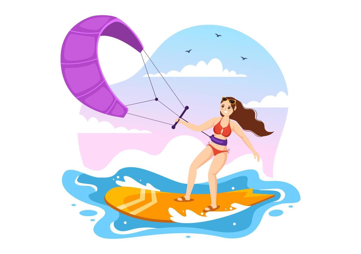 ilustração de kitesurf com kitesurfista em pé no kiteboard no mar de verão em esportes aquáticos extremos modelo desenhado à mão vetor