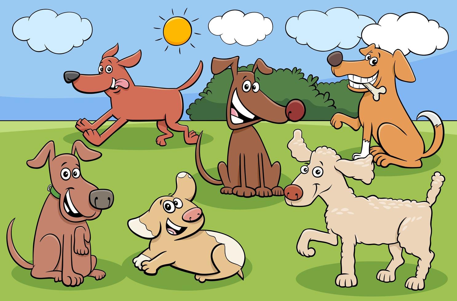 grupo de personagens engraçados de cães e cachorros de desenho animado vetor