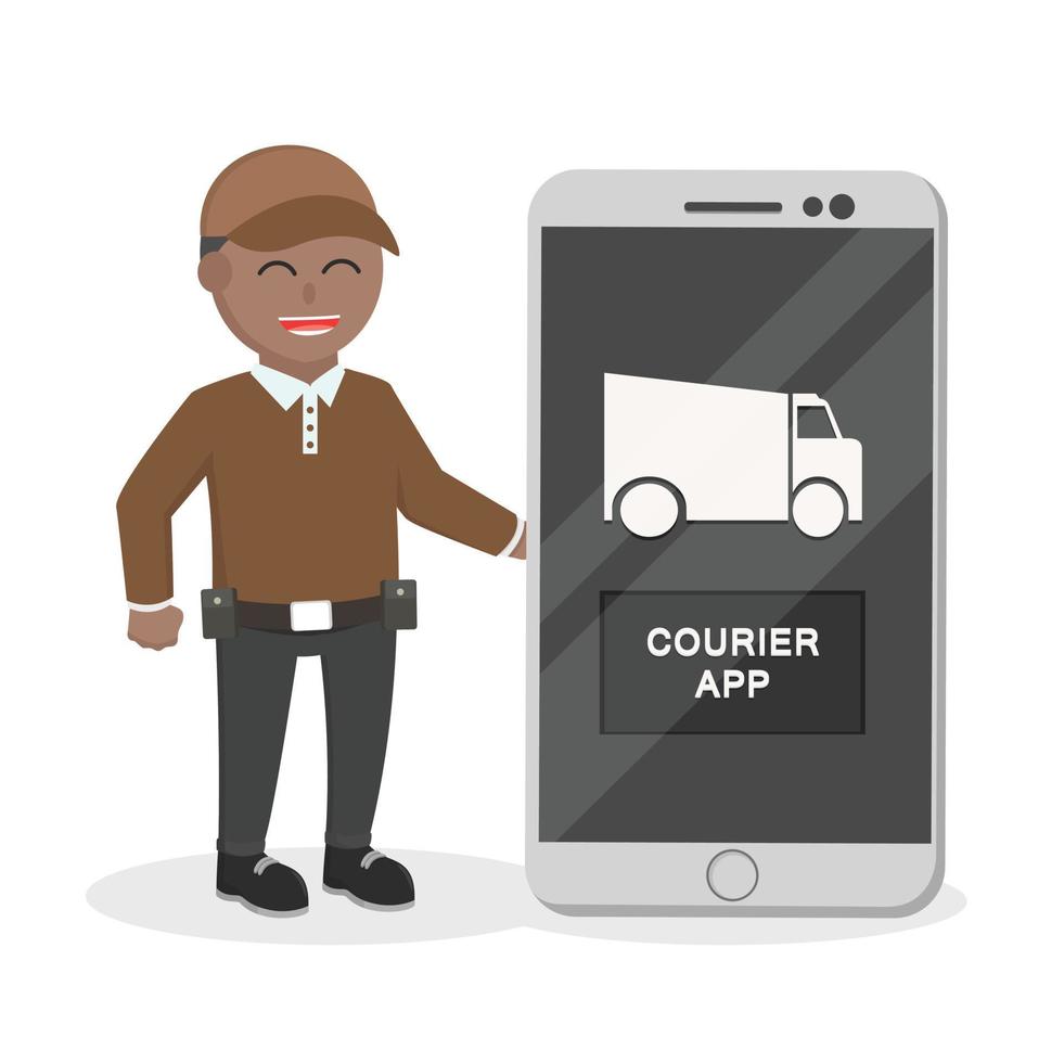 entregador africano com personagem de design de aplicativo de entrega de smartphone em fundo branco vetor