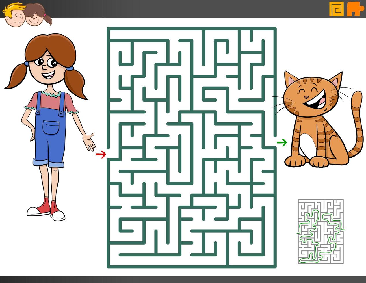 jogo de labirinto com desenho animado de menina e gatinho vetor