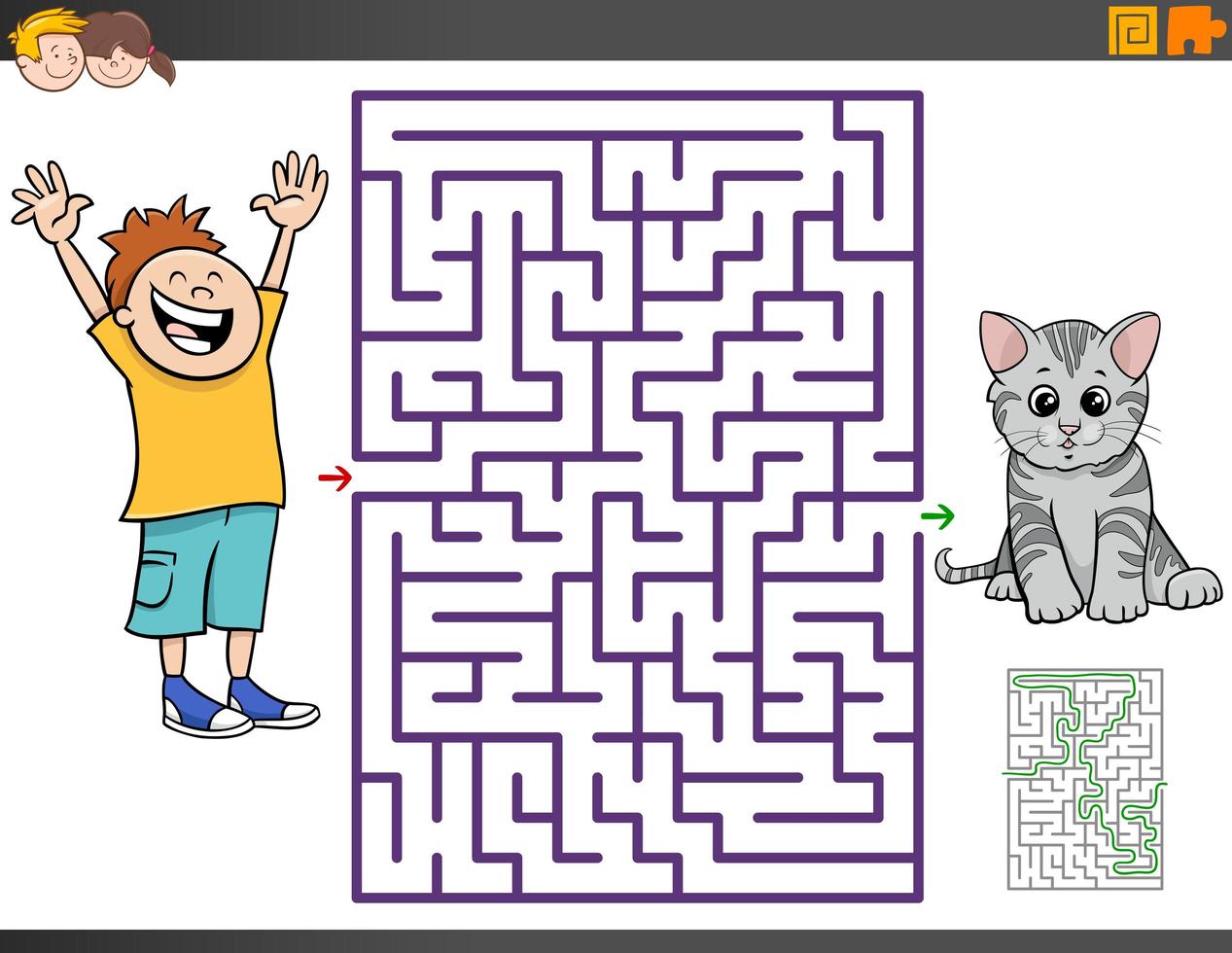 jogo de labirinto com desenho animado menino e gatinho vetor