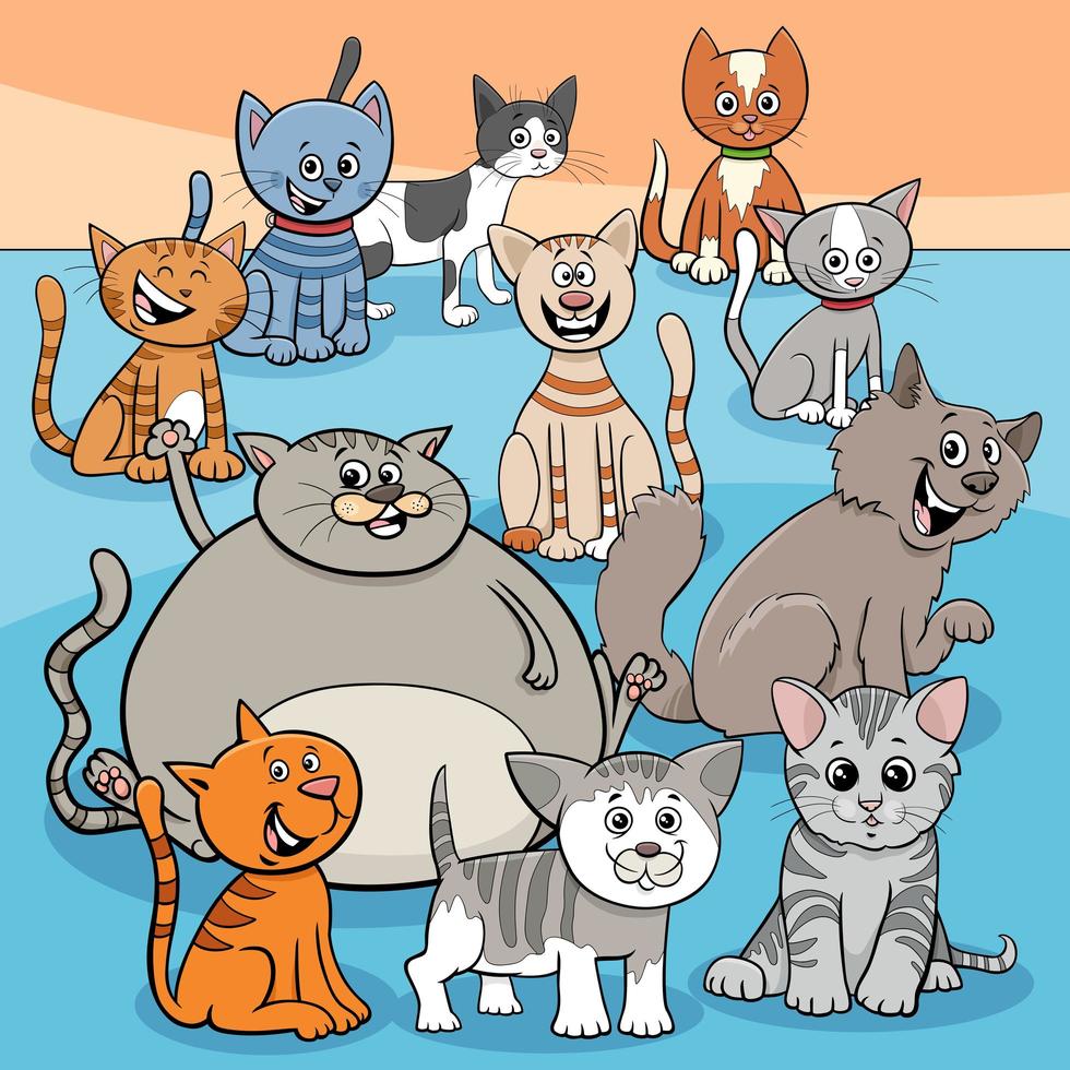 desenho animado do grupo gatos felizes vetor