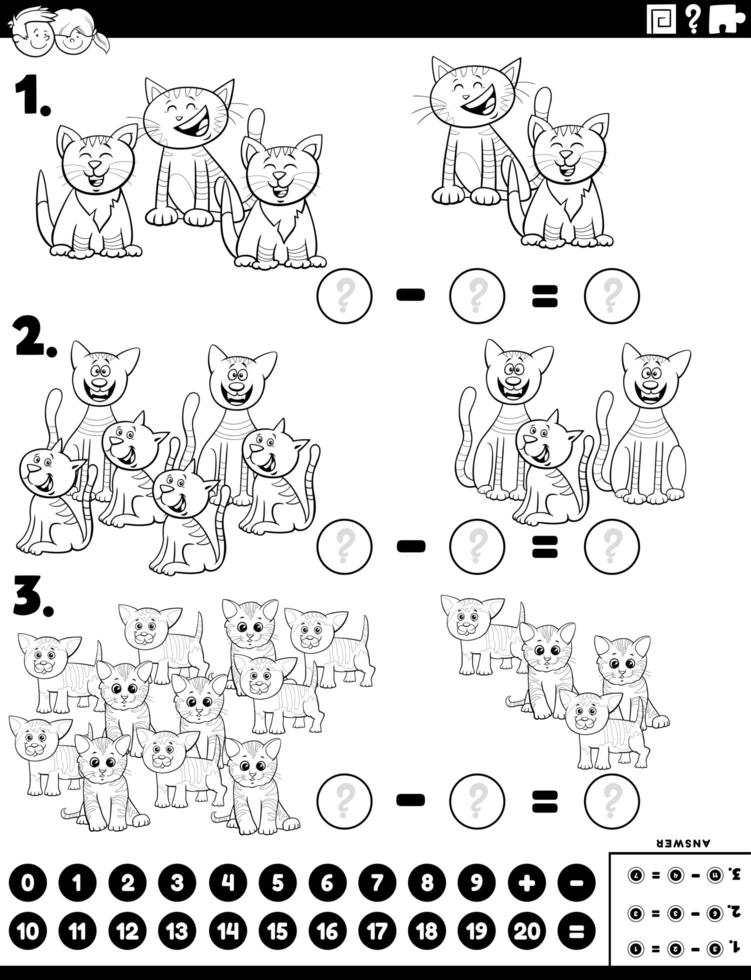 subtração tarefa educacional com página do livro de cores de gatos vetor