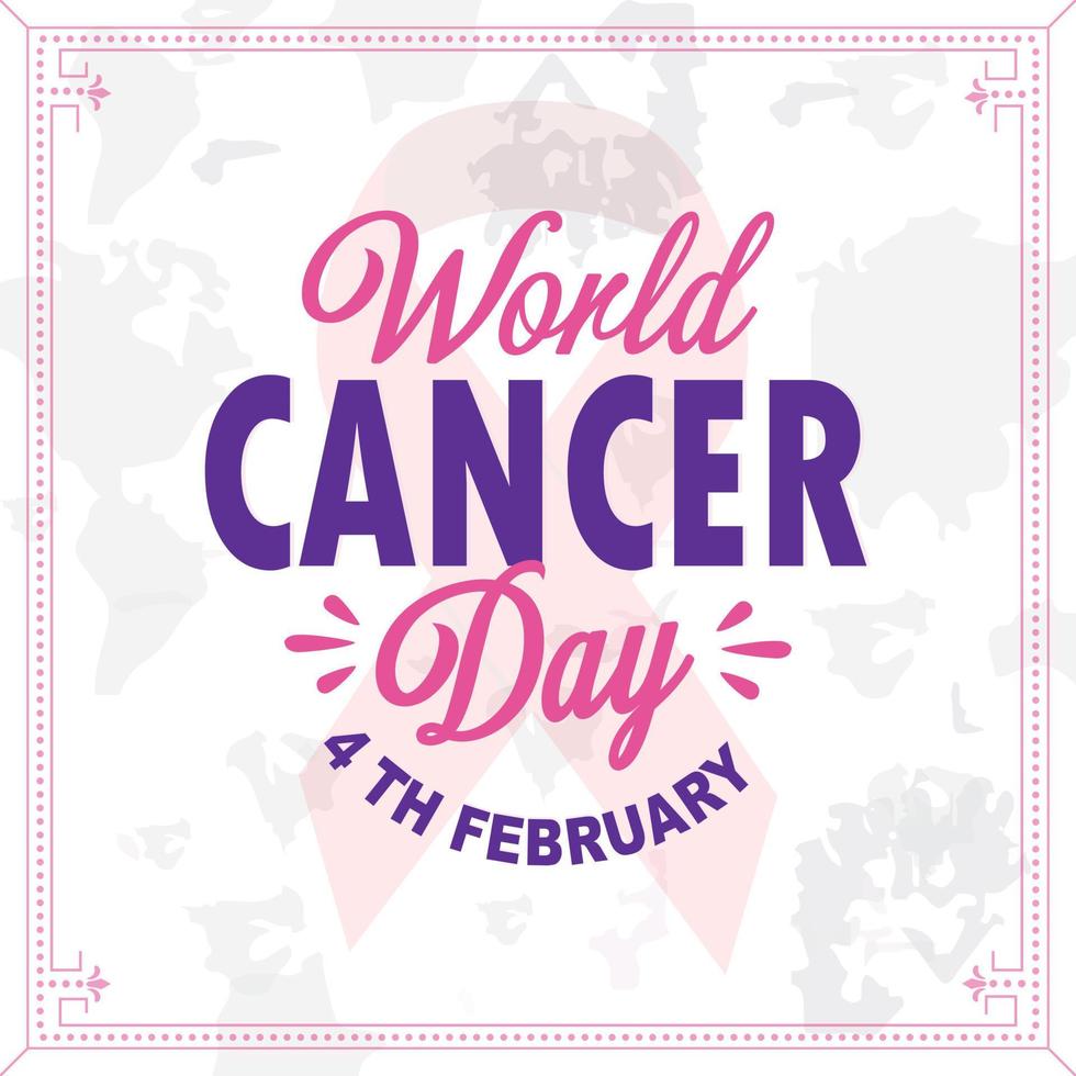 dia mundial do câncer, 4 de fevereiro, ícone e vetor de logotipo com fita colorida e mapa cinza