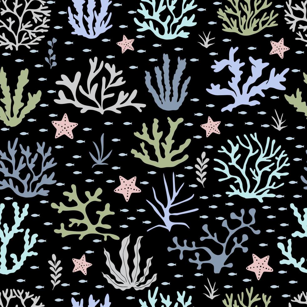 algas gráficas perfeitas, corais e estrelas do mar. têxtil, design de papel de embrulho vetor