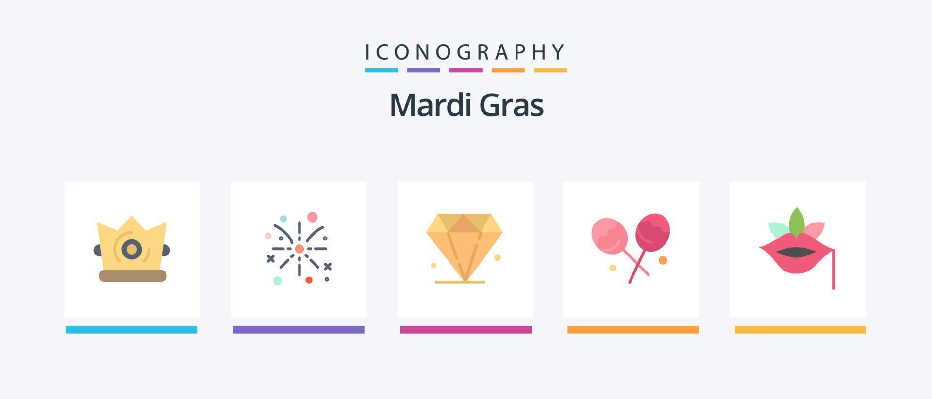 Mardi Gras Flat 5 Icon Pack, incluindo rosa. flor. diamante. lábios. confeitaria. design de ícones criativos vetor
