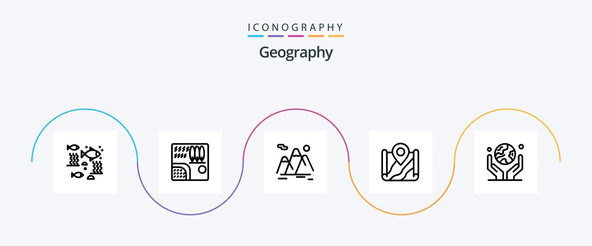 pacote de ícones da linha 5 de geografia, incluindo localização. mapa. rio. paisagem. viajar por vetor
