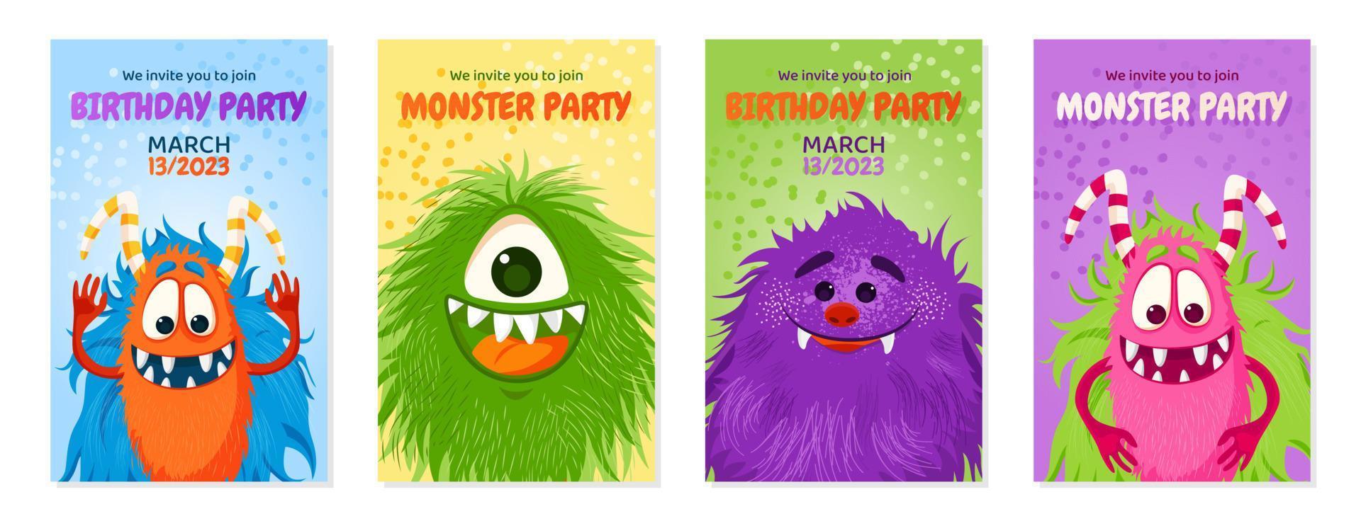 cartão de convite de aniversário com monstros fofos engraçados. festa monstro. o vetor é cortado com máscara de recorte. feliz Aniversário. ilustração vetorial