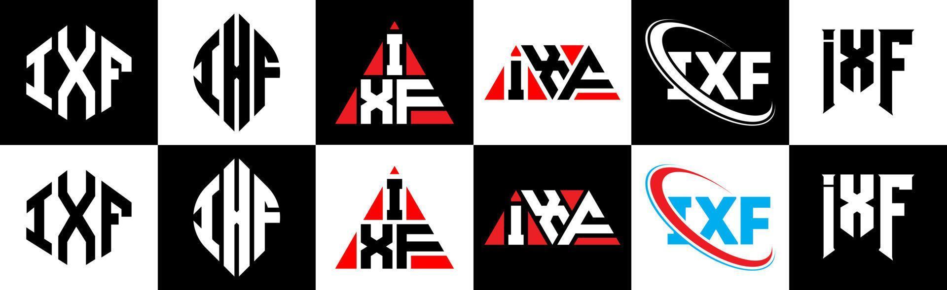 design de logotipo de letra ixf em seis estilos. polígono ixf, círculo, triângulo, hexágono, estilo plano e simples com logotipo de carta de variação de cor preto e branco definido em uma prancheta. logotipo minimalista e clássico ixf vetor