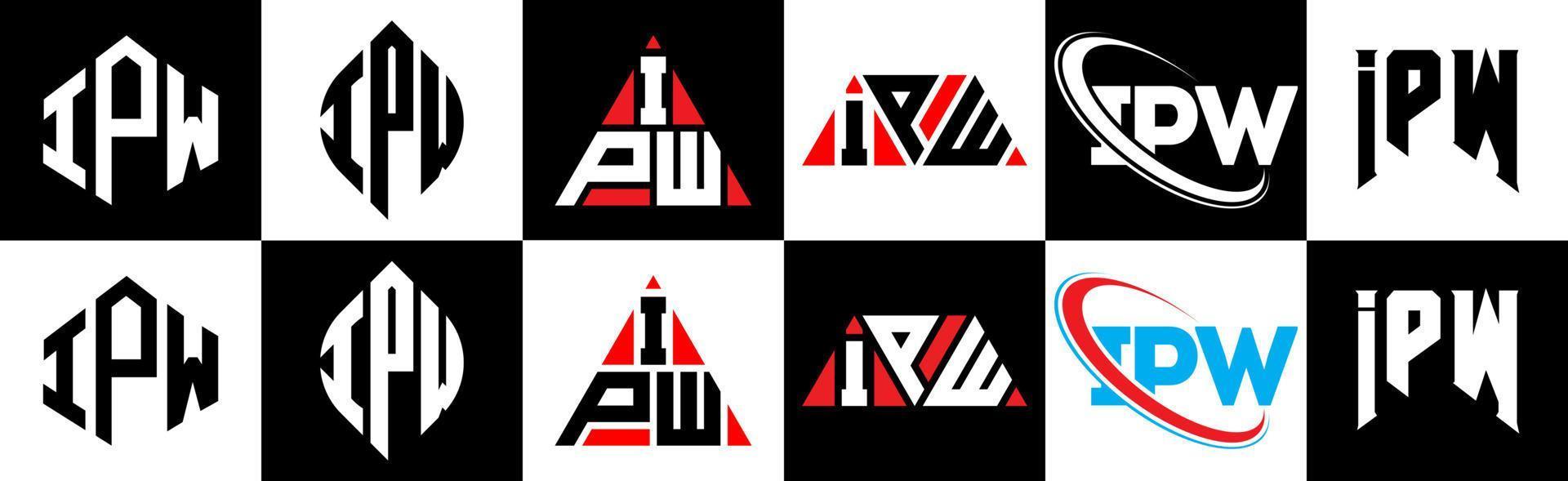 design de logotipo de carta ipw em seis estilos. polígono ipw, círculo, triângulo, hexágono, estilo plano e simples com logotipo de carta de variação de cor preto e branco definido em uma prancheta. ipw logotipo minimalista e clássico vetor