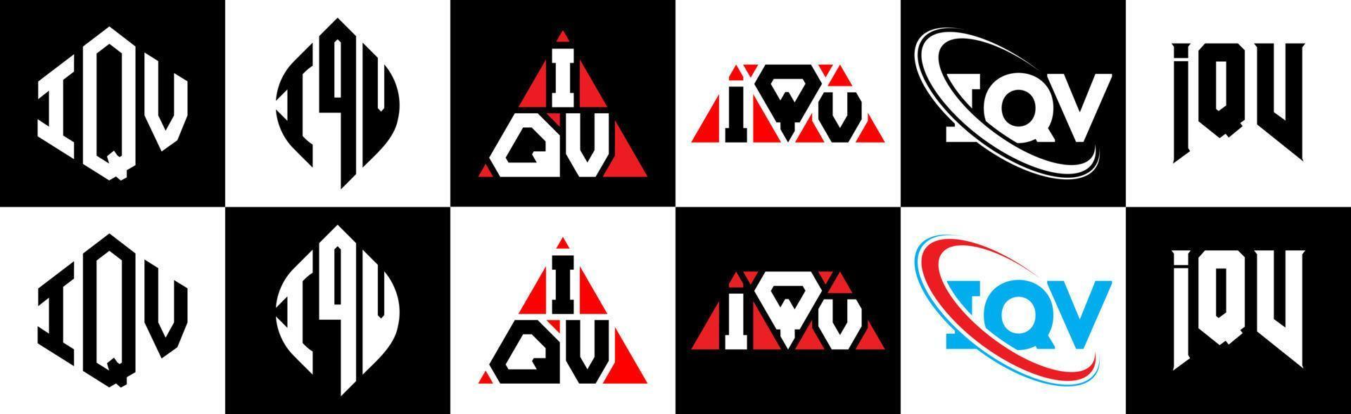 design de logotipo de carta iqv em seis estilos. polígono iqv, círculo, triângulo, hexágono, estilo plano e simples com logotipo de carta de variação de cor preto e branco definido em uma prancheta. logo iqv minimalista e clássico vetor