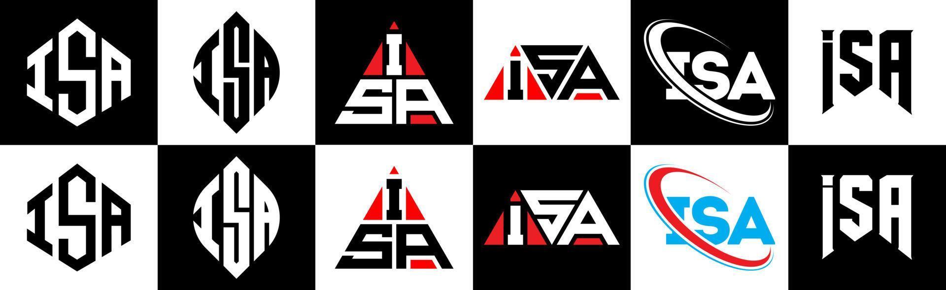 design de logotipo de carta isa em seis estilos. isa polígono, círculo, triângulo, hexágono, estilo plano e simples com logotipo de letra de variação de cor preto e branco definido em uma prancheta. isa logotipo minimalista e clássico vetor