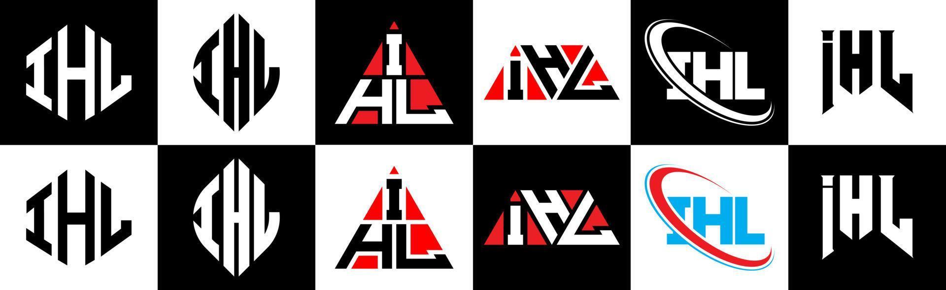 design de logotipo de carta ihl em seis estilos. polígono ihl, círculo, triângulo, hexágono, estilo plano e simples com logotipo de carta de variação de cor preto e branco definido em uma prancheta. ihl logotipo minimalista e clássico vetor