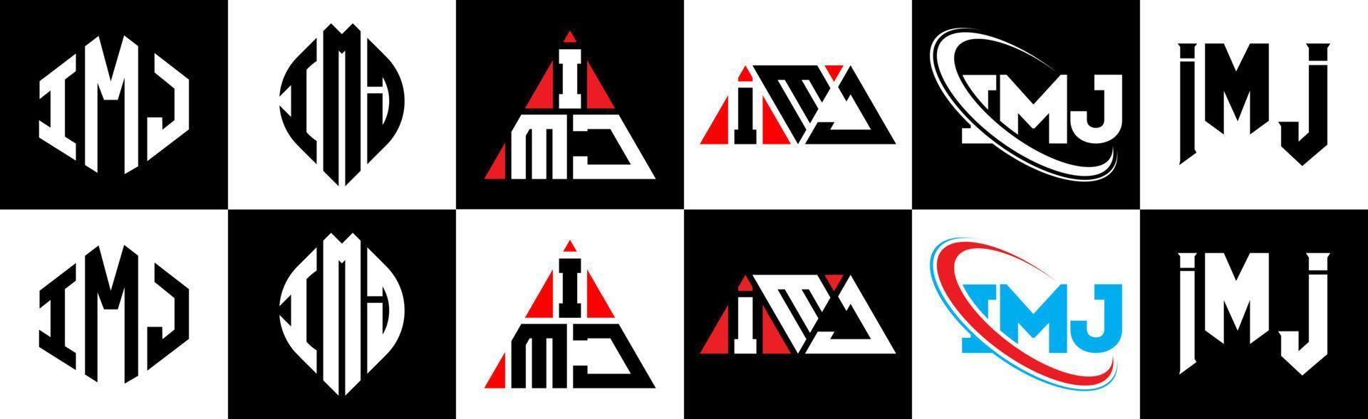 design de logotipo de carta imj em seis estilos. imj polígono, círculo, triângulo, hexágono, estilo plano e simples com logotipo de carta de variação de cor preto e branco definido em uma prancheta. imj logotipo minimalista e clássico vetor