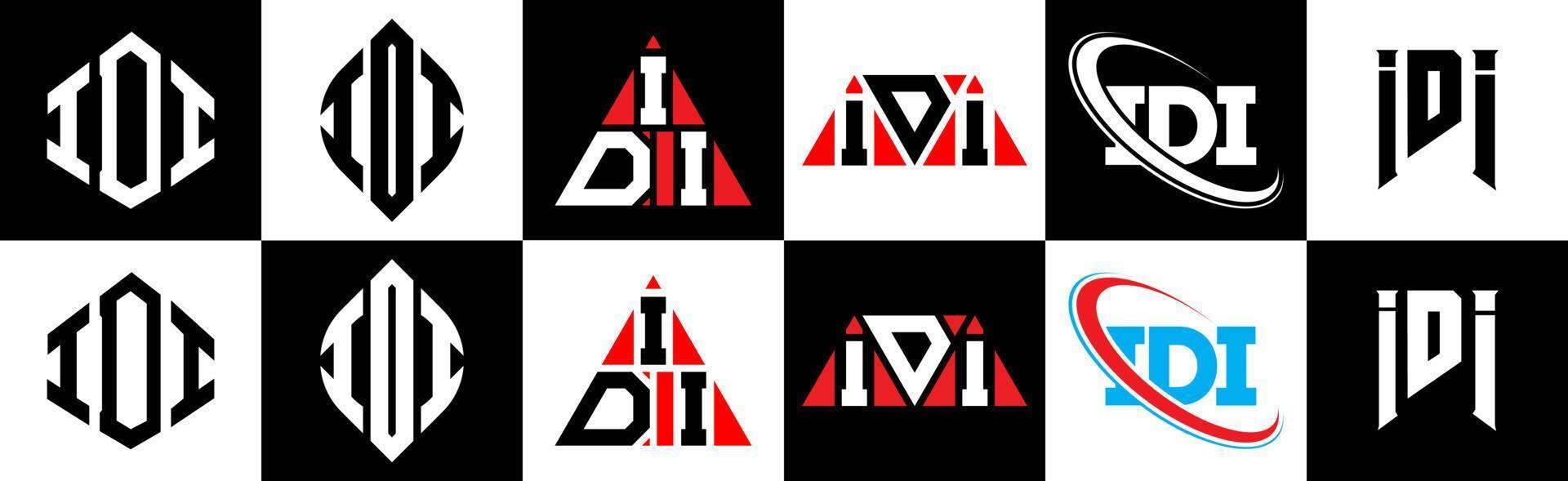 design de logotipo de carta idi em seis estilos. polígono idi, círculo, triângulo, hexágono, estilo plano e simples com logotipo de carta de variação de cor preto e branco definido em uma prancheta. logo minimalista e clássico idi vetor